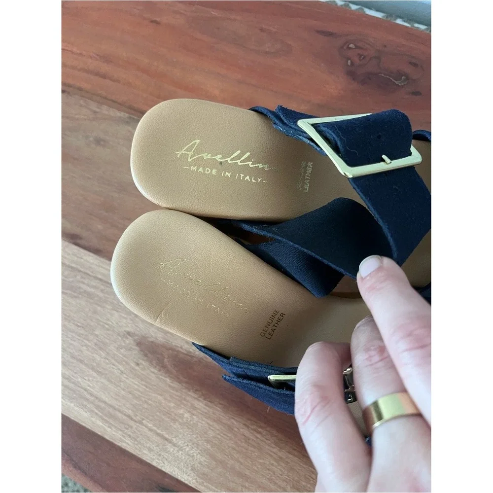 Avellino Italy Navy Blue Suede Wood Platform Block Heel‎ Sandals 39 8 3708